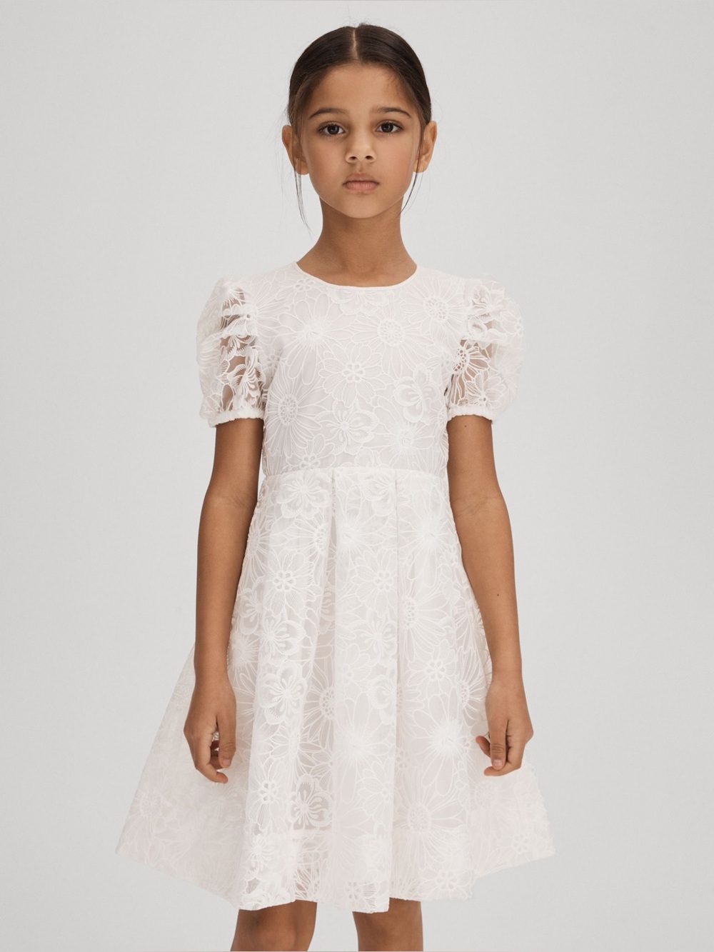 REISS Emelie Dress Ivory Lace Pleated Skirt Sheer Puff Sleeves | Size 11-12
